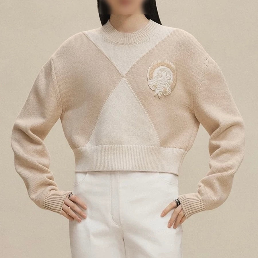 He 25 Two tone spliced short pullover sweater