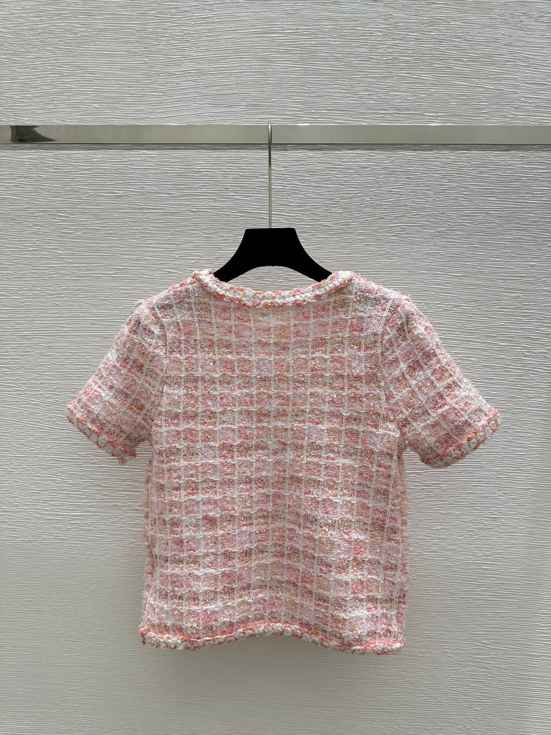 C 25 Cardigan Color Blocking Pink Square Knit Short Sleeve