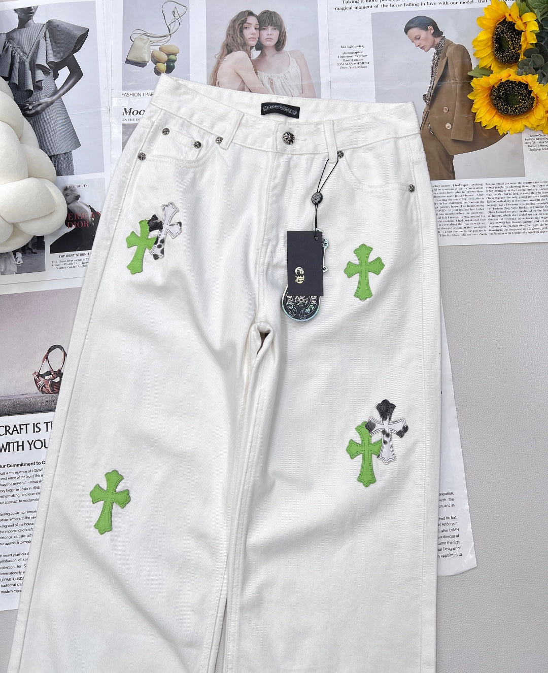 2025 Summer New White Two-tone Leather Label Denim Pants
