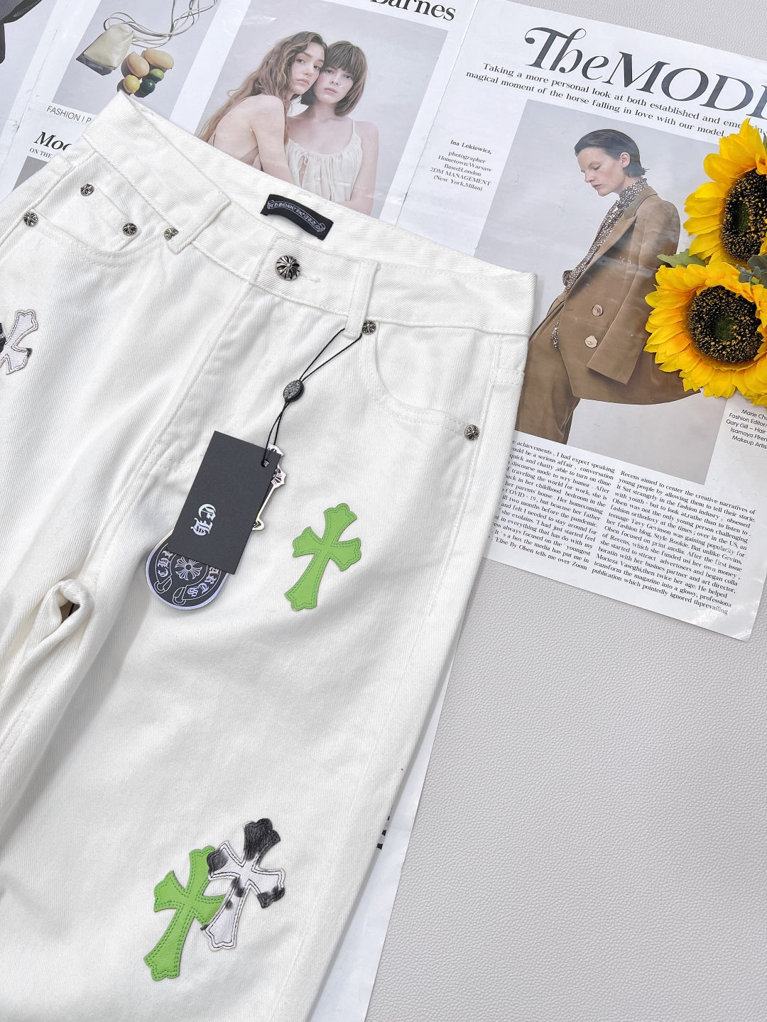 2025 Summer New White Two-tone Leather Label Denim Pants