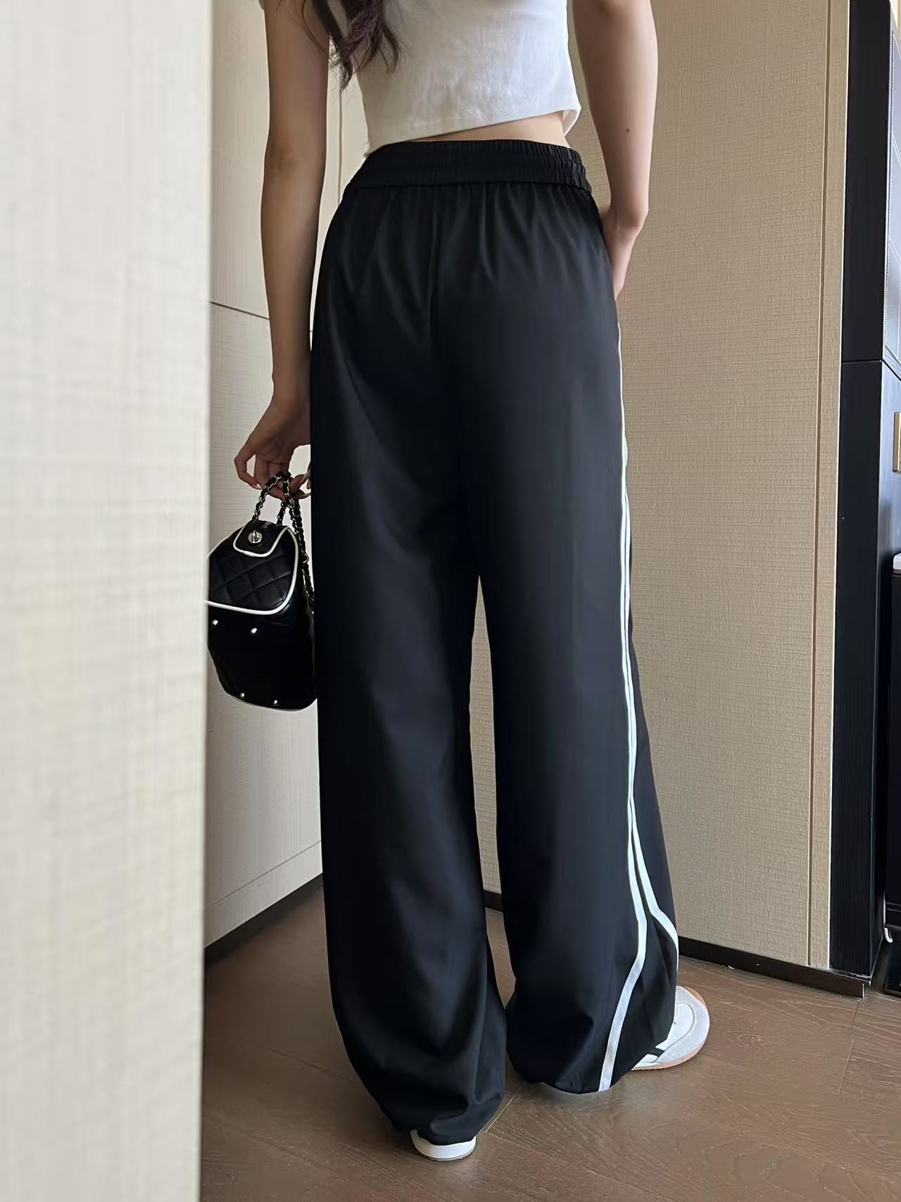 25 Summer new contrast color elastic waist drawstring casual trousers
