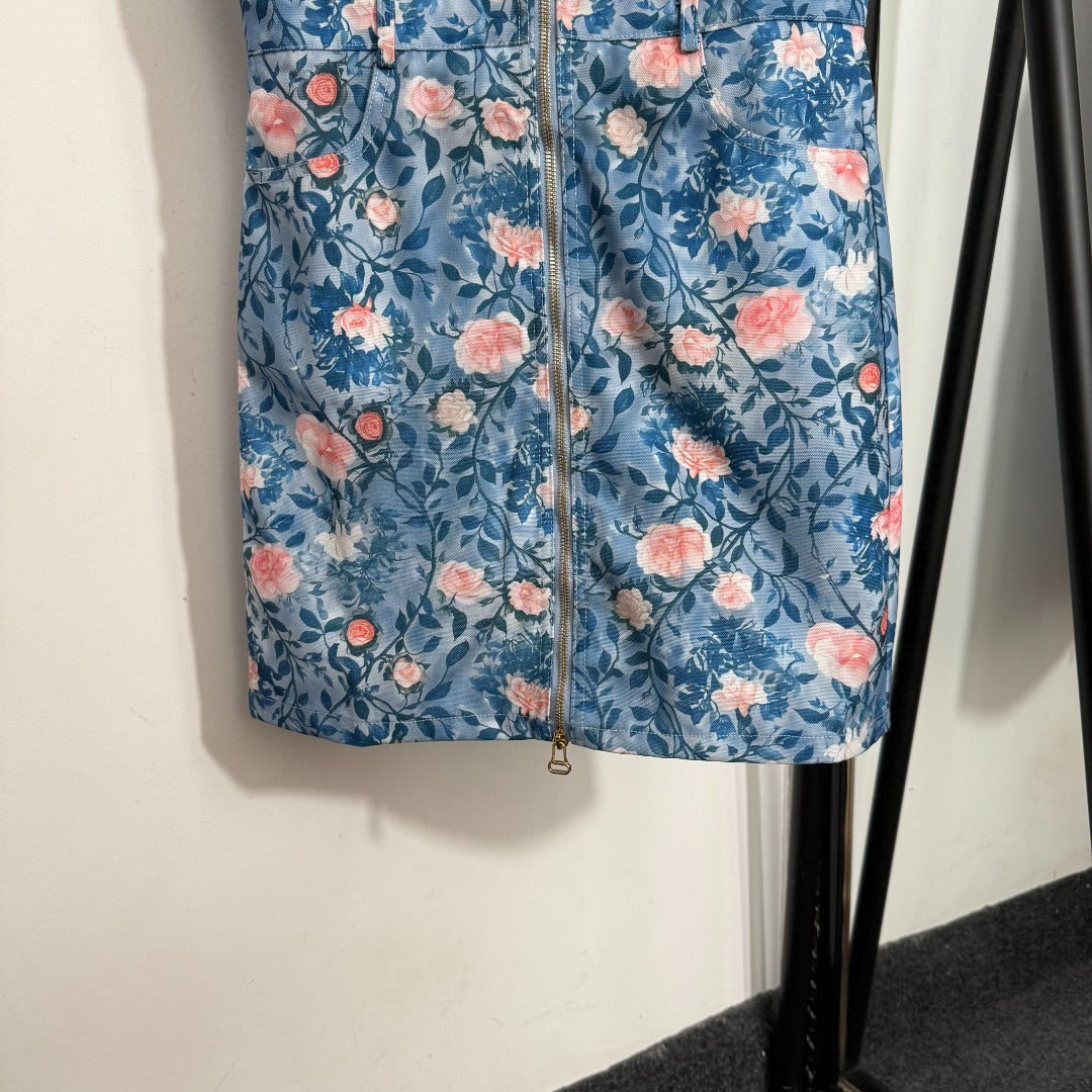 25 Summer New Style Pink Flower Print Zipper Sleeveless Vest Dress