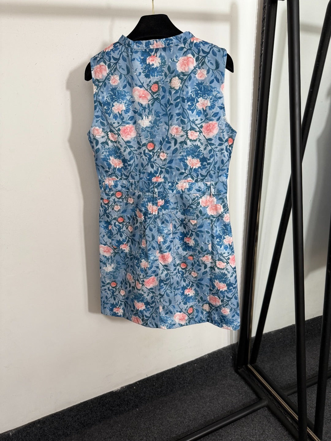 25 Summer New Style Pink Flower Print Zipper Sleeveless Vest Dress