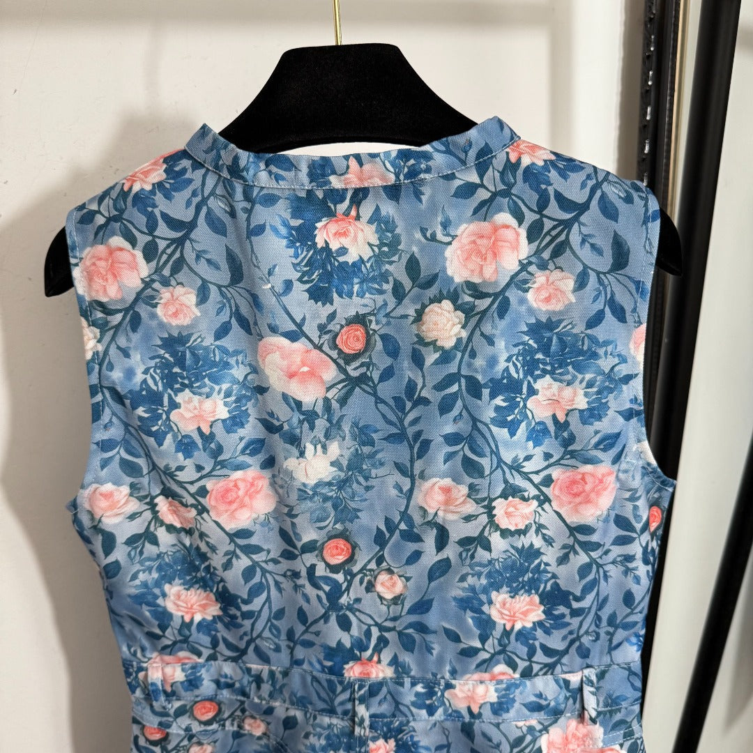 25 Summer New Style Pink Flower Print Zipper Sleeveless Vest Dress