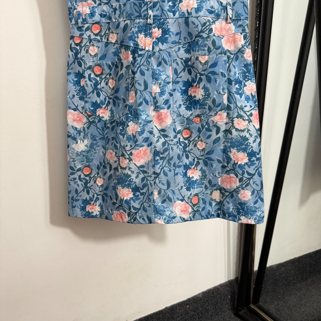 25 Summer New Style Pink Flower Print Zipper Sleeveless Vest Dress