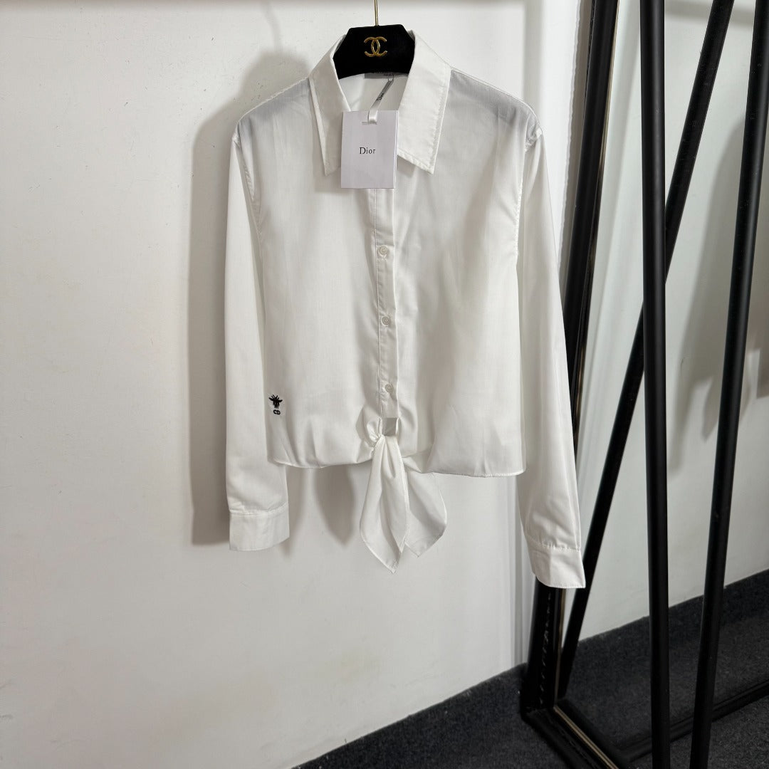25 Summer new style bee embroidery tied waist long sleeve shirt