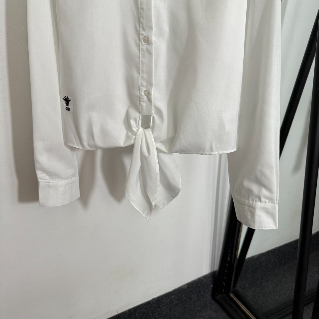 25 Summer new style bee embroidery tied waist long sleeve shirt