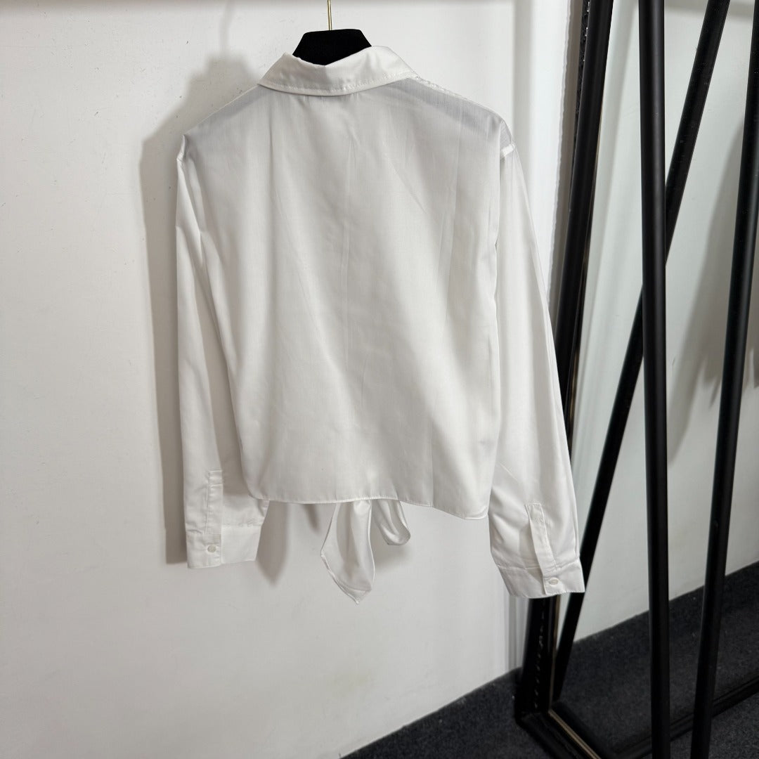 25 Summer new style bee embroidery tied waist long sleeve shirt