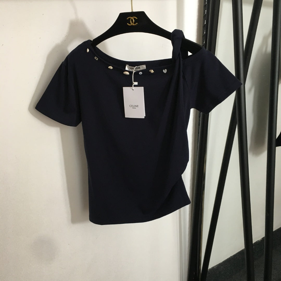 25 Summer new shell conch buckle decoration oblique shoulder strap short-sleeved T-shirt top