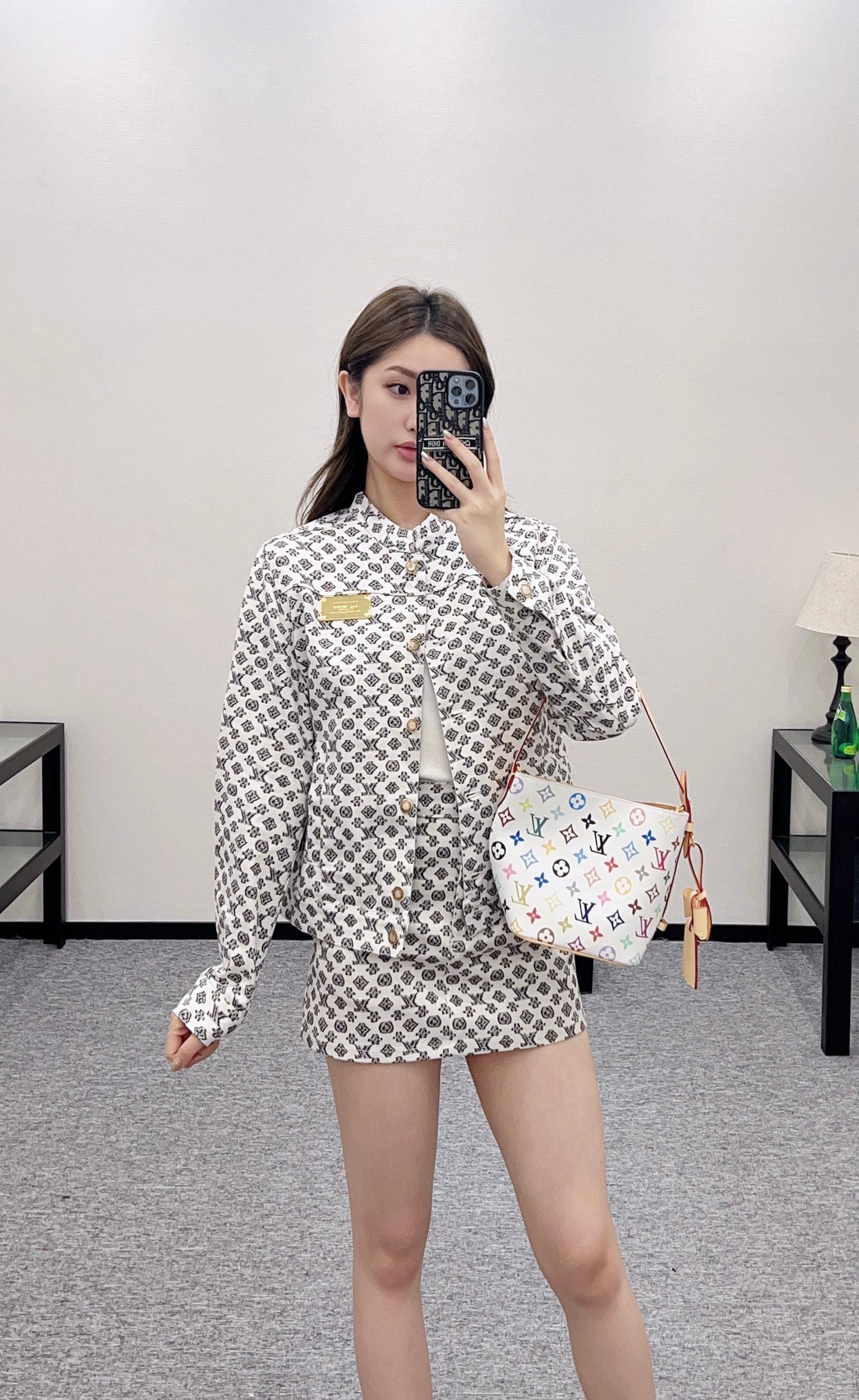 L 2025 Summer New Printed Denim Jacket Coat Short Skirt Suit