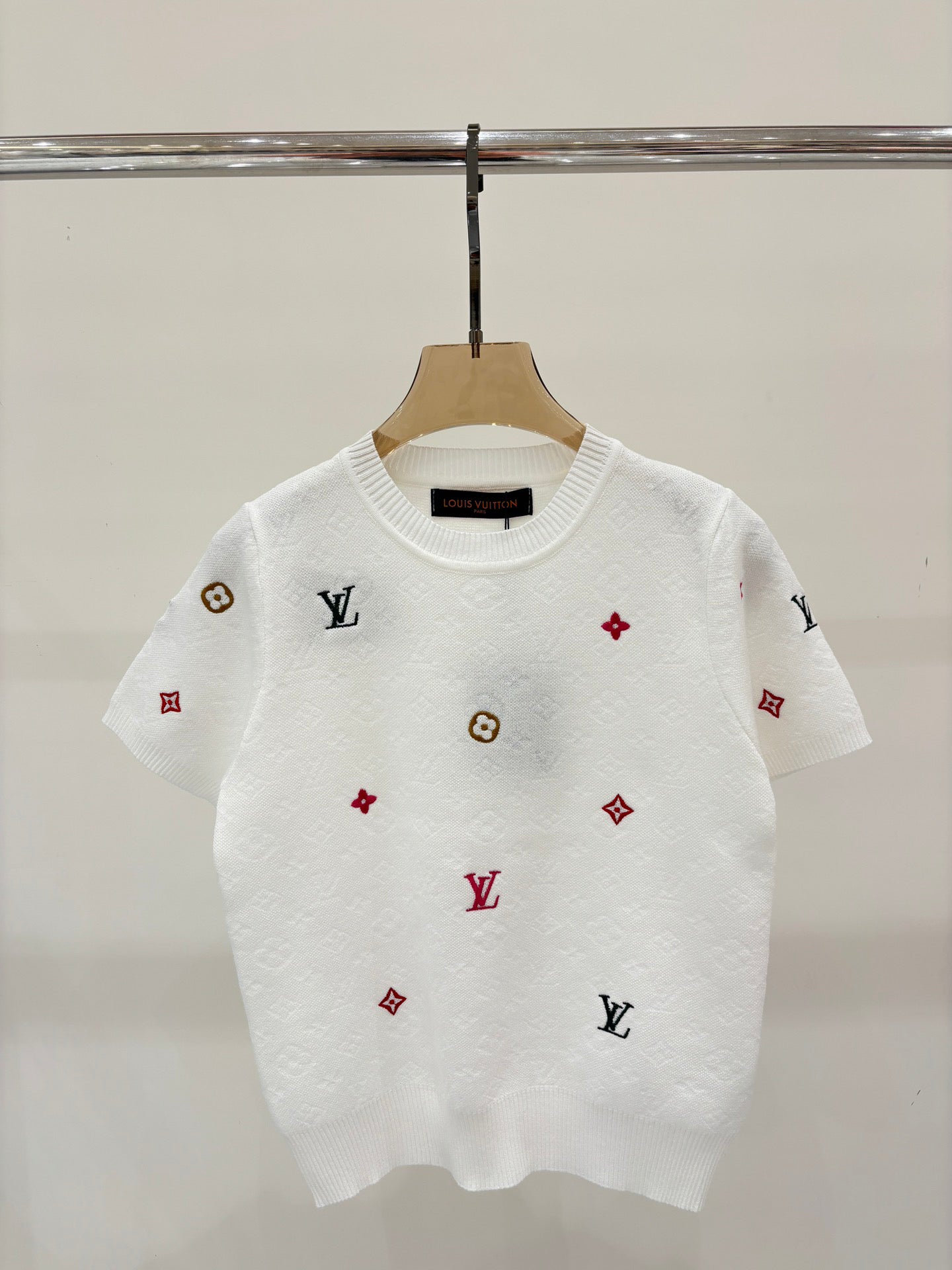 L 25 Early Spring New Round Neck Letter Logo Embroidery Diamond Pattern Casual Knitted Short Sleeve