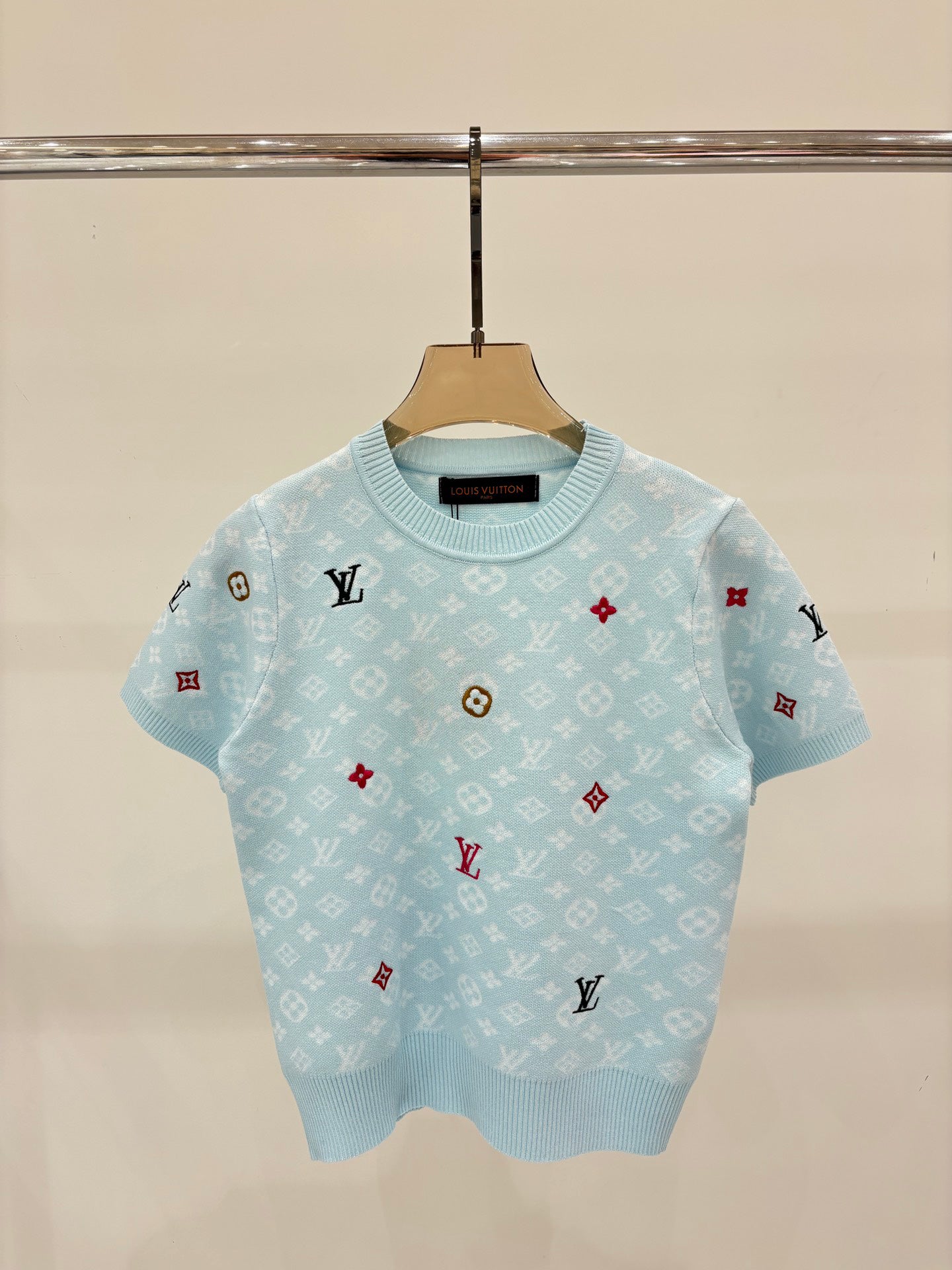 L 25 Early Spring New Round Neck Letter Logo Embroidery Diamond Pattern Casual Knitted Short Sleeve