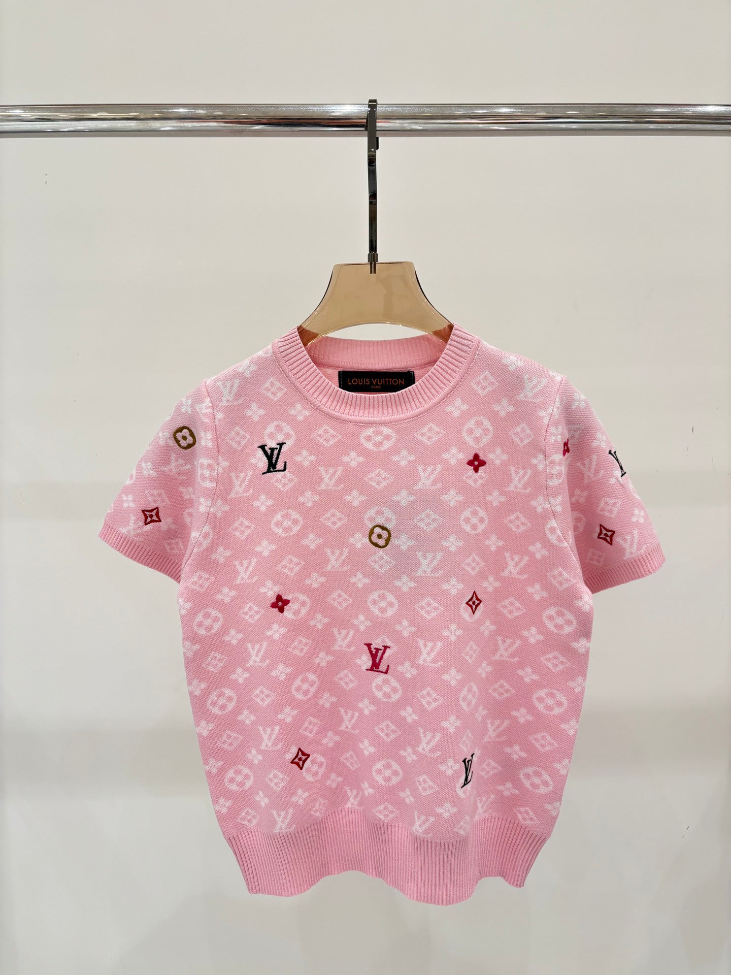 L 25 Early Spring New Round Neck Letter Logo Embroidery Diamond Pattern Casual Knitted Short Sleeve