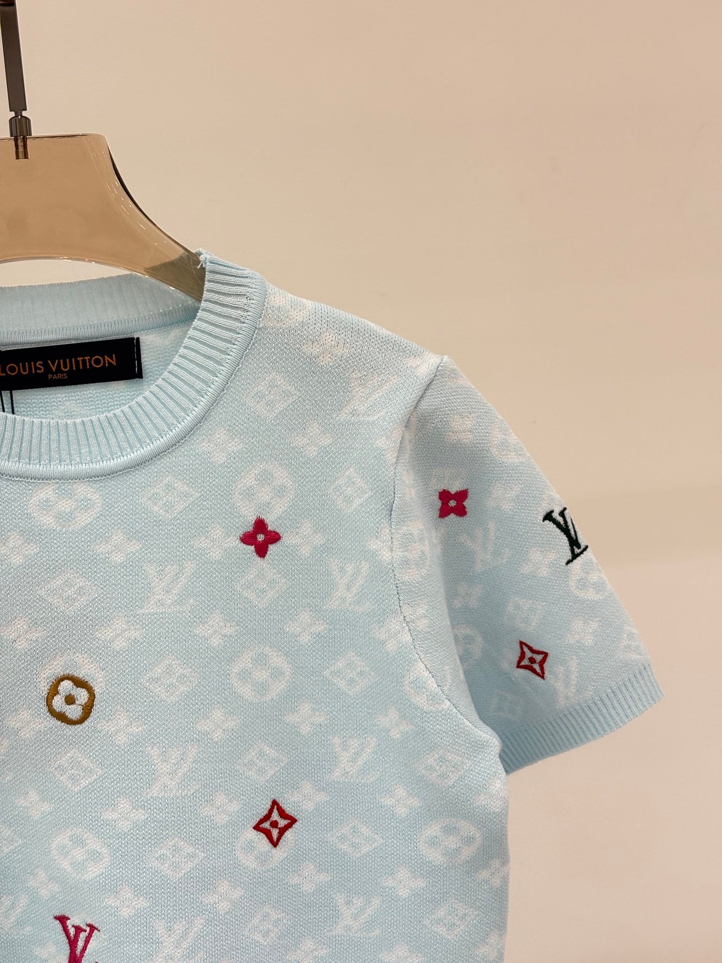 L 25 Early Spring New Round Neck Letter Logo Embroidery Diamond Pattern Casual Knitted Short Sleeve