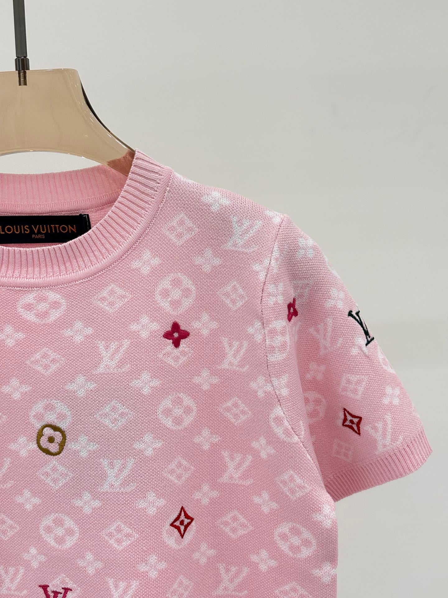 L 25 Early Spring New Round Neck Letter Logo Embroidery Diamond Pattern Casual Knitted Short Sleeve