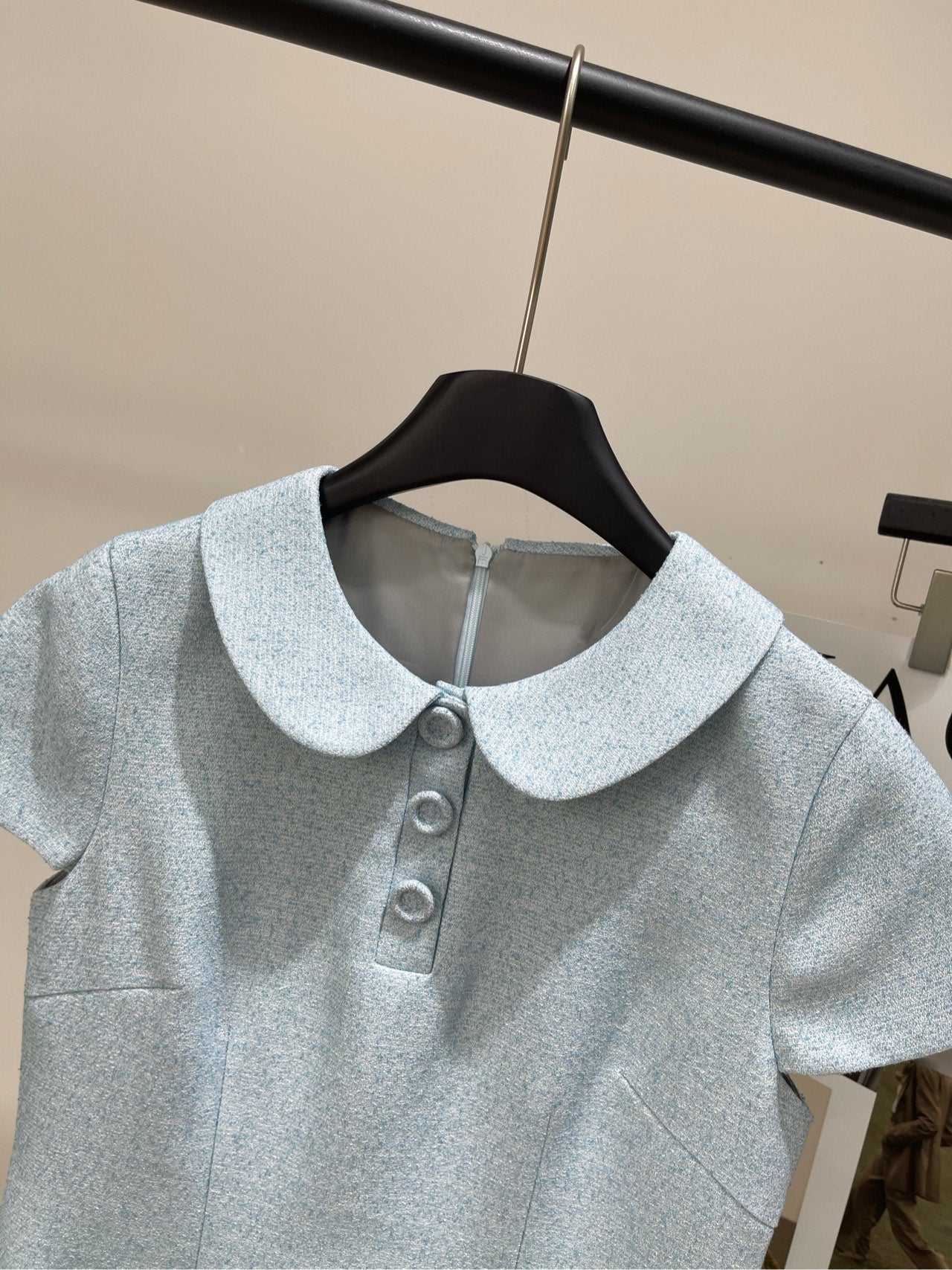25 Summer new light blue diamond tweed short-sleeved dress