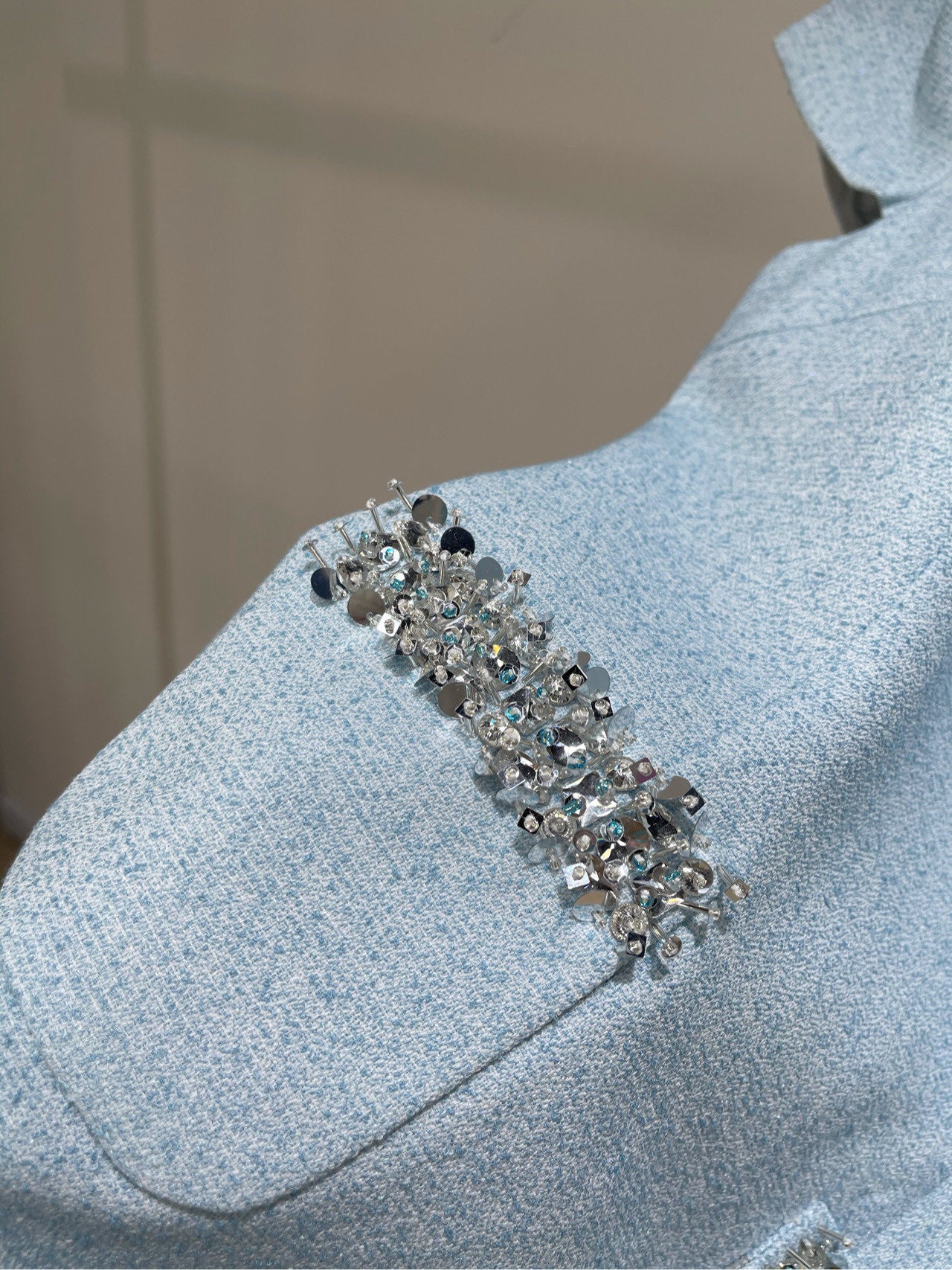 25 Summer new light blue diamond tweed short-sleeved dress