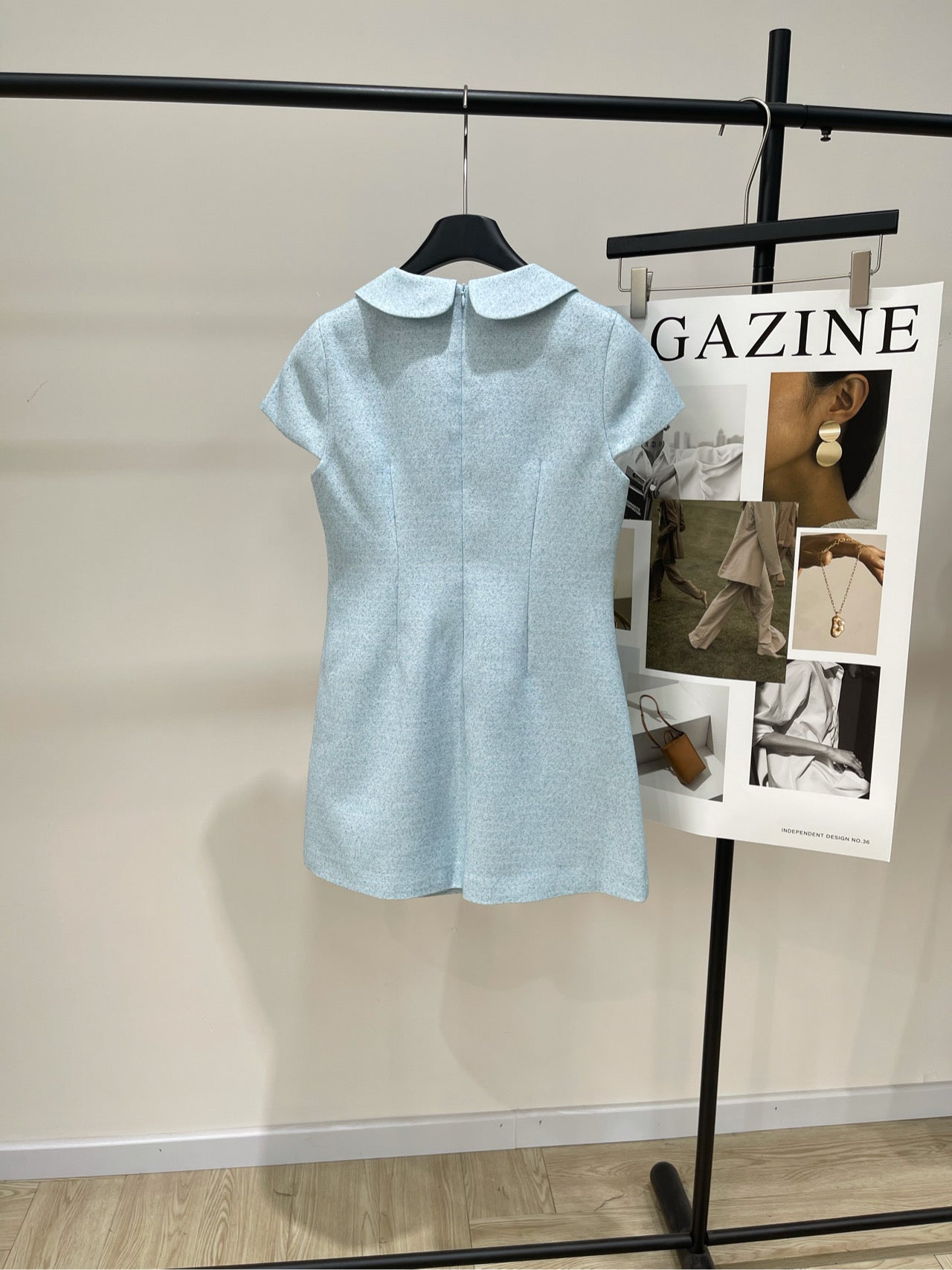 25 Summer new light blue diamond tweed short-sleeved dress
