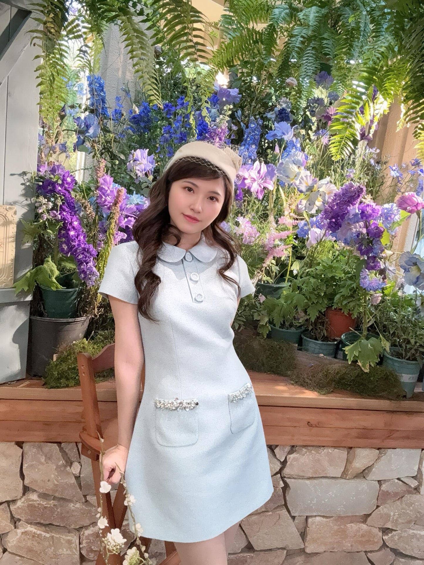 25 Summer new light blue diamond tweed short-sleeved dress