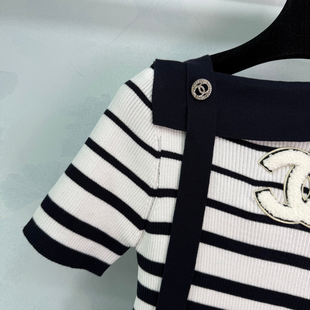 2025 Early Autumn New Ribbon Knitted Striped Short Sleeves