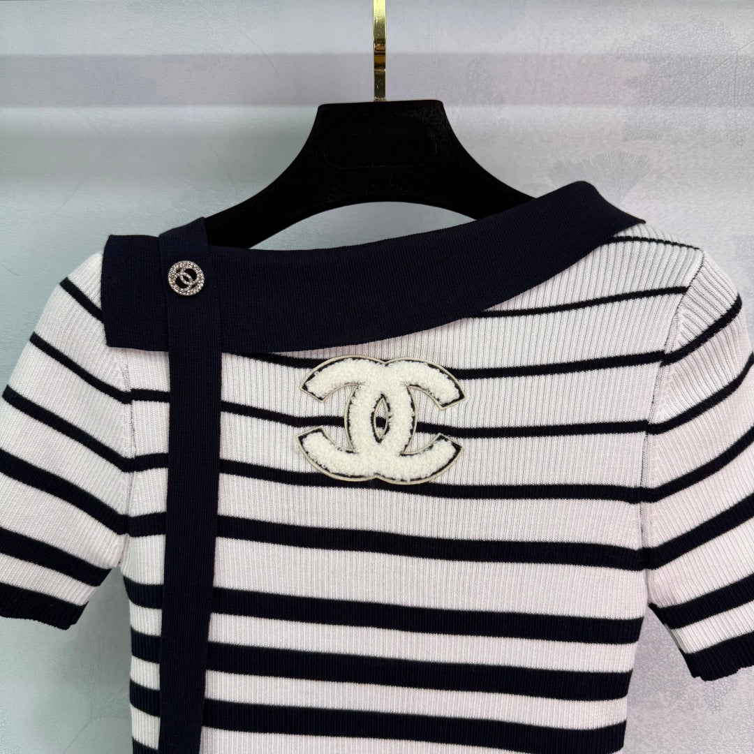 2025 Early Autumn New Ribbon Knitted Striped Short Sleeves