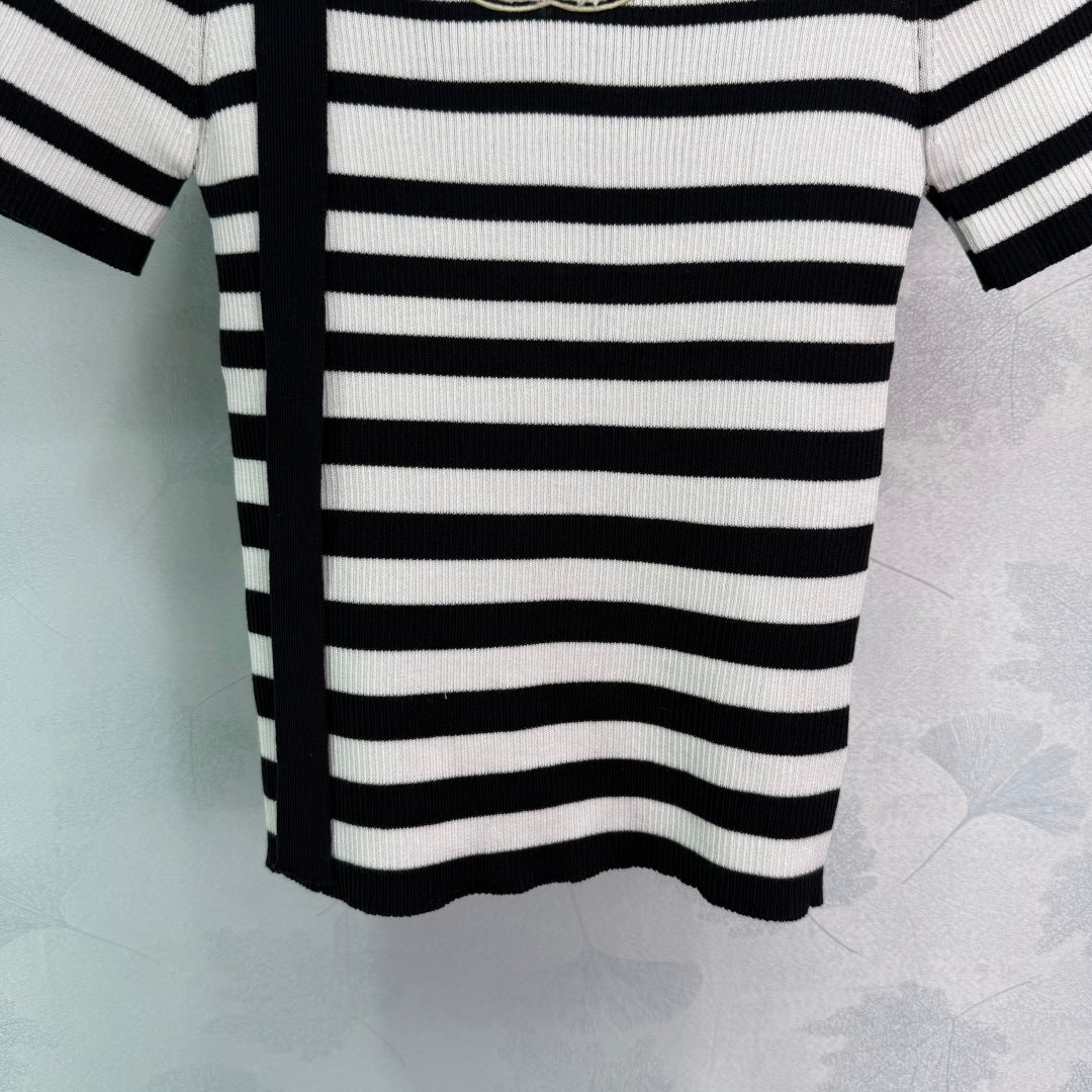 2025 Early Autumn New Ribbon Knitted Striped Short Sleeves