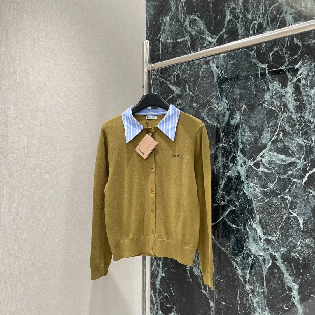 M 25 Early Fall New Color-contrast Striped Collar Knitted Cardigan