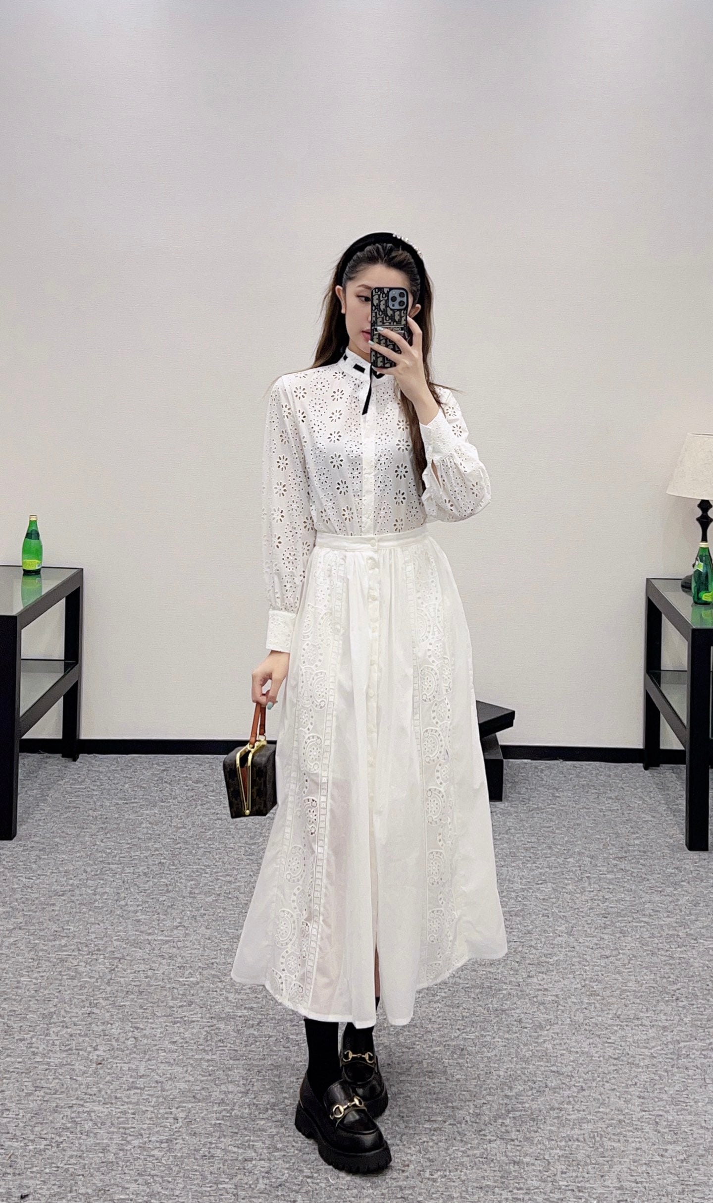 2025 autumn new embroidery hollow midi skirt