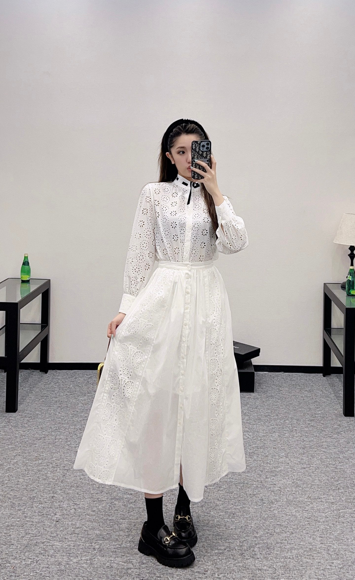 2025 autumn new embroidery hollow midi skirt