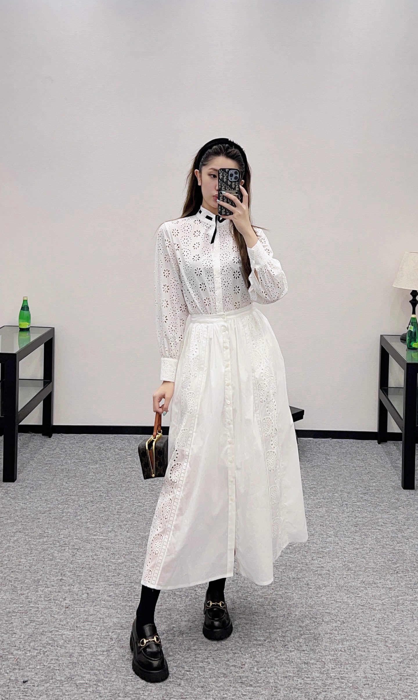 2025 autumn new embroidery hollow midi skirt