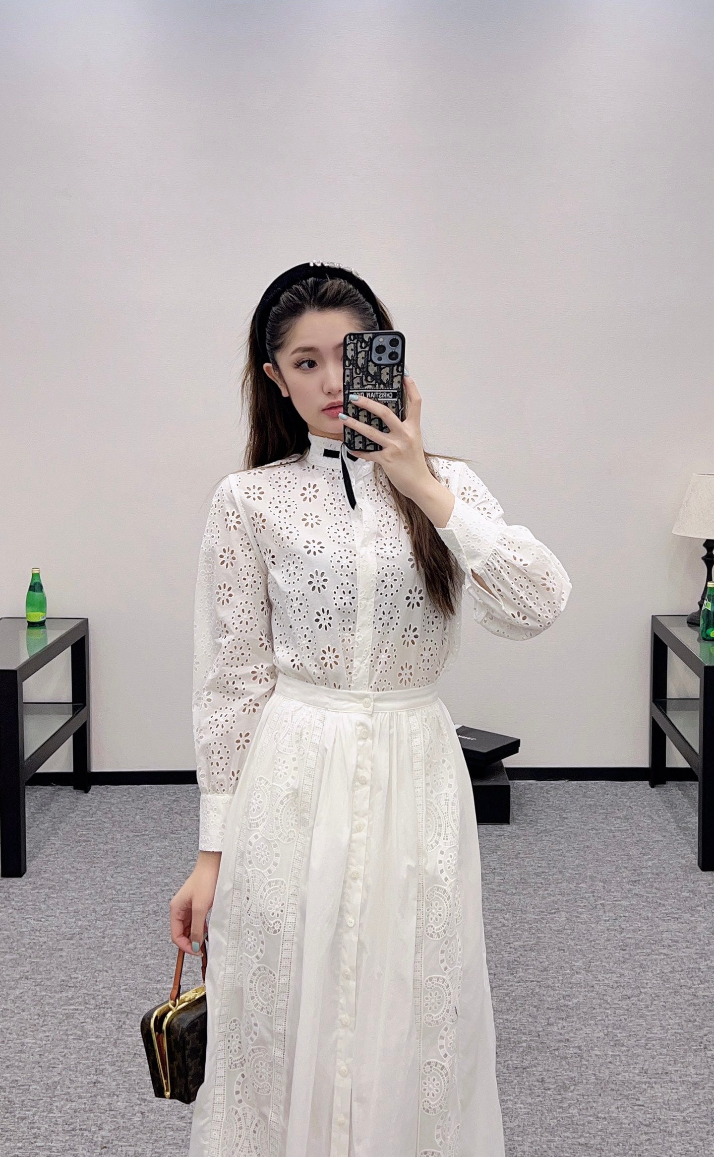 2025 autumn new embroidery hollow midi skirt