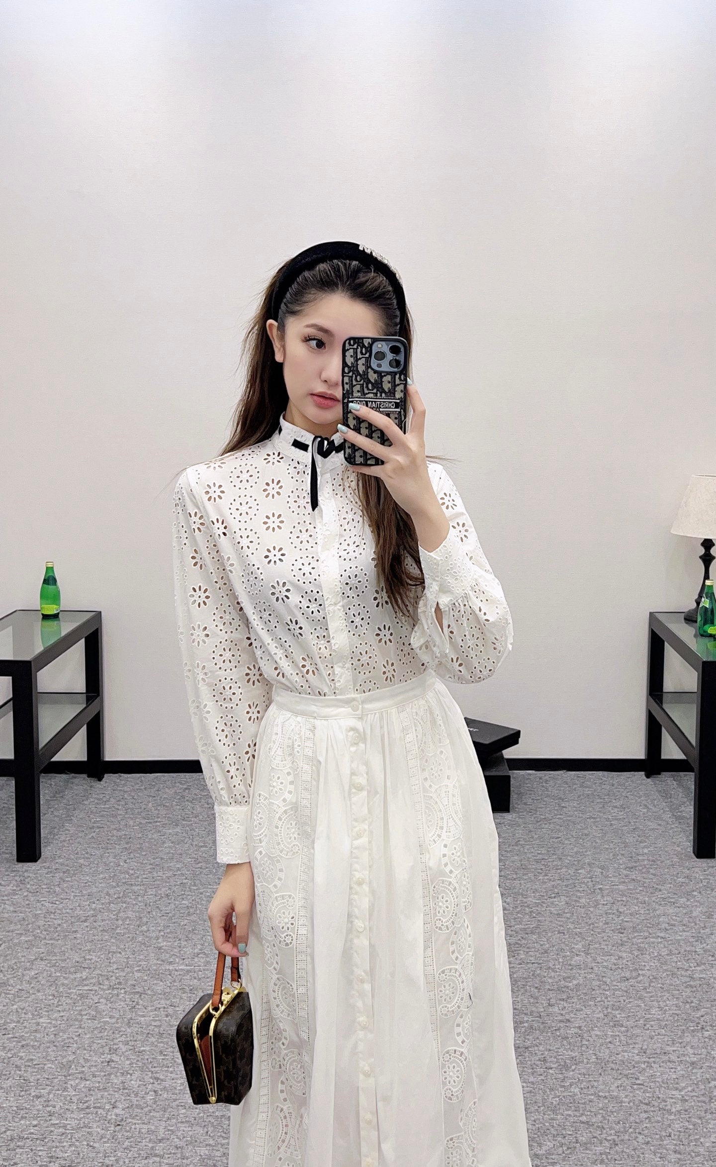 2025 autumn new embroidery hollow midi skirt