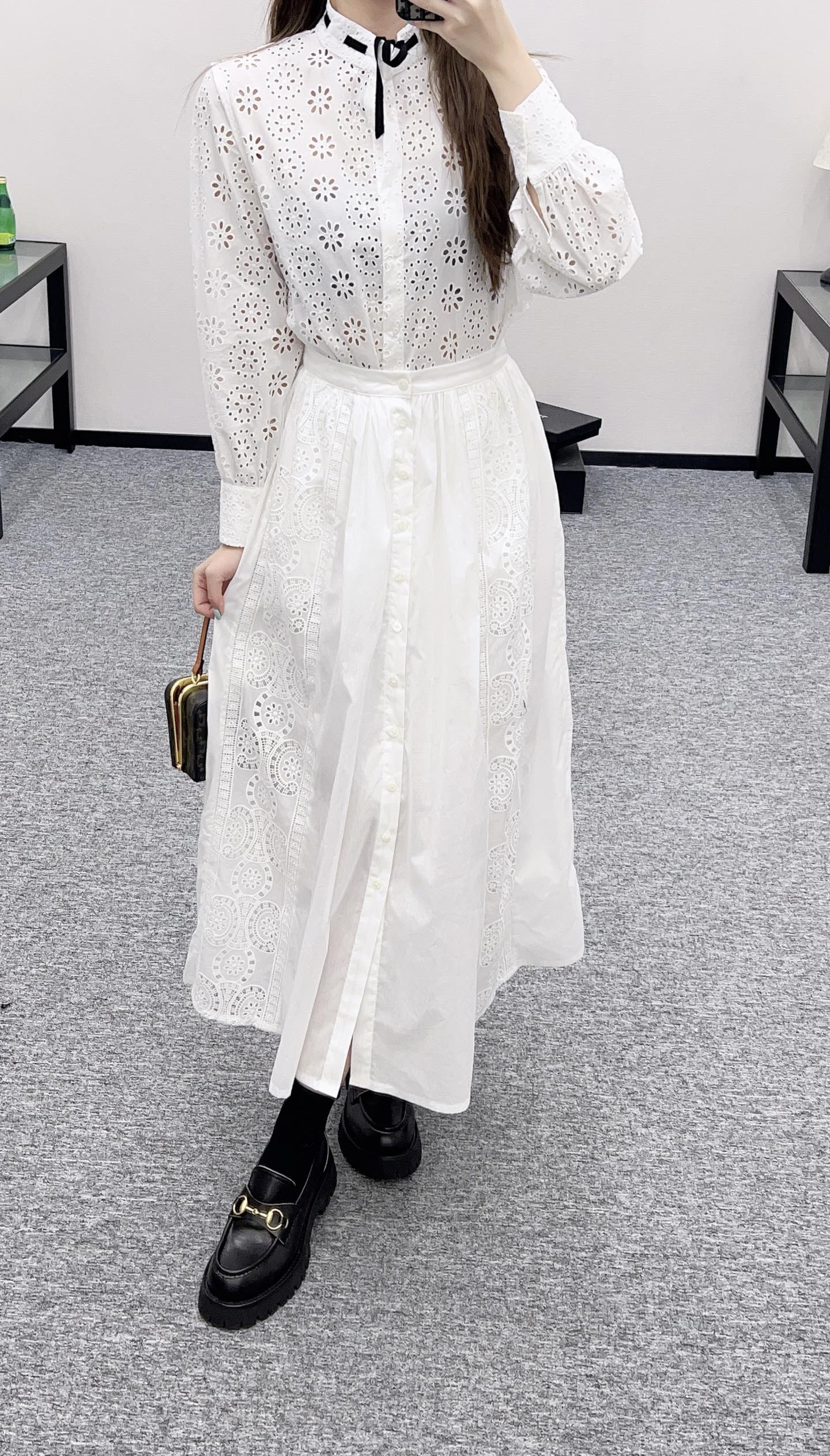 2025 autumn new embroidery hollow midi skirt
