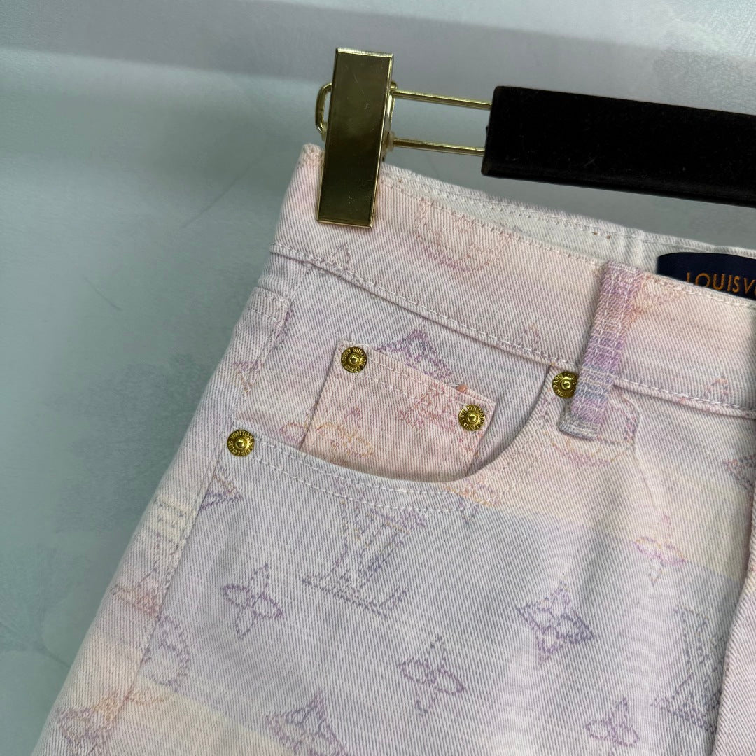 25Ss Spring and Summer New Colored Letter Jacquard Straight Denim Shorts