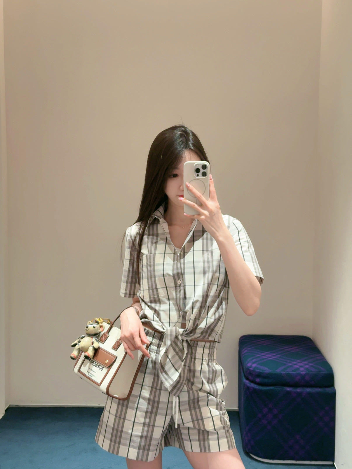 25Ss Spring and Summer New Plaid Lapel Short Sleeve Shirt + Elastic Waist Shorts Set