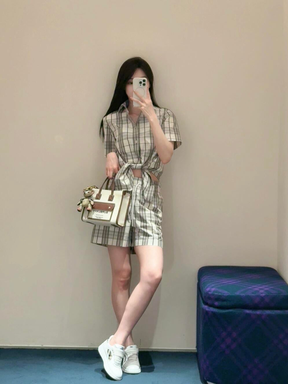 25Ss Spring and Summer New Plaid Lapel Short Sleeve Shirt + Elastic Waist Shorts Set