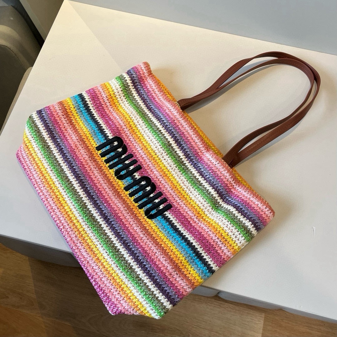 Straw striped patchwork shoulder crossbody tote bag