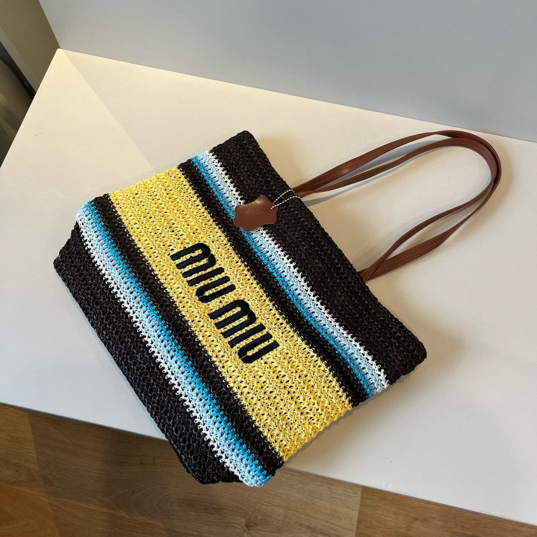 Straw striped patchwork shoulder crossbody tote bag