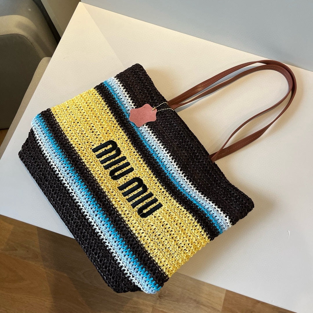 Straw striped patchwork shoulder crossbody tote bag