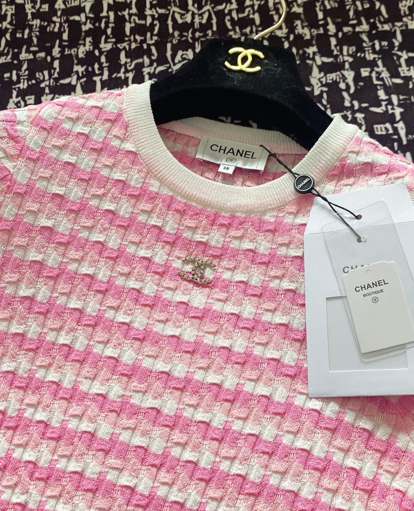 C 25 Pink Square Textured Knit Short Sleeve