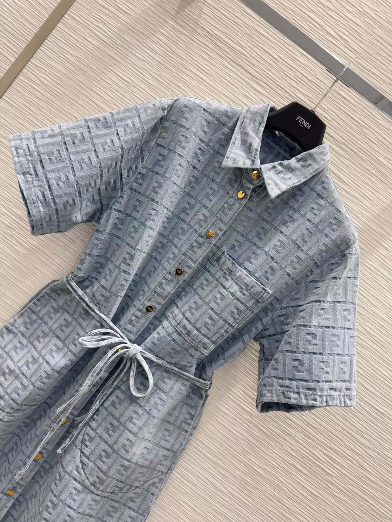 F 25 New Letter Jacquard Pocket Tie Dress Short Sleeve