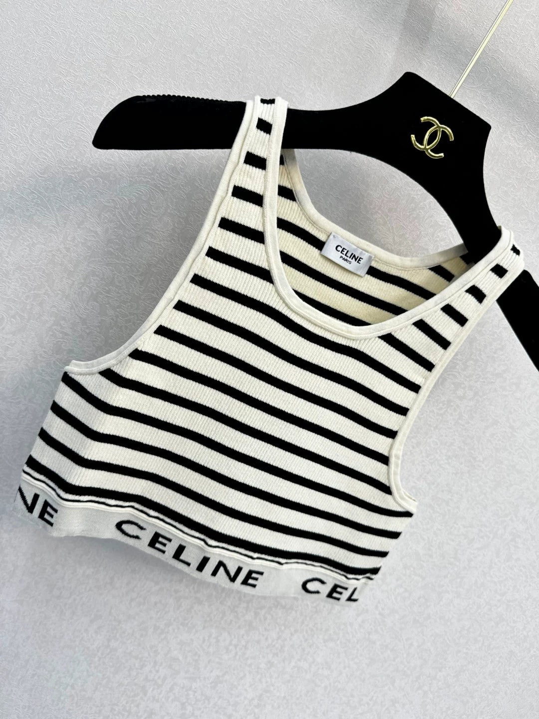CE 25 New Clashing Stripe Letter Ribbon Knit Tank Top