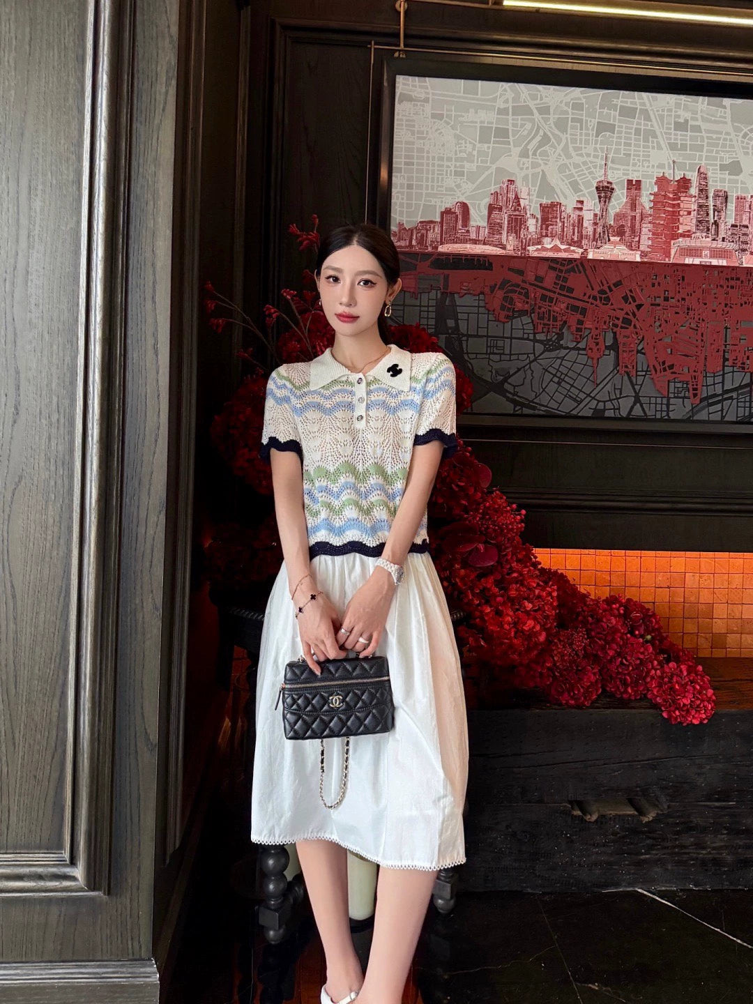 C 25 Summer new lapel stripes hollow letter logo three-dimensional knitted short sleeves