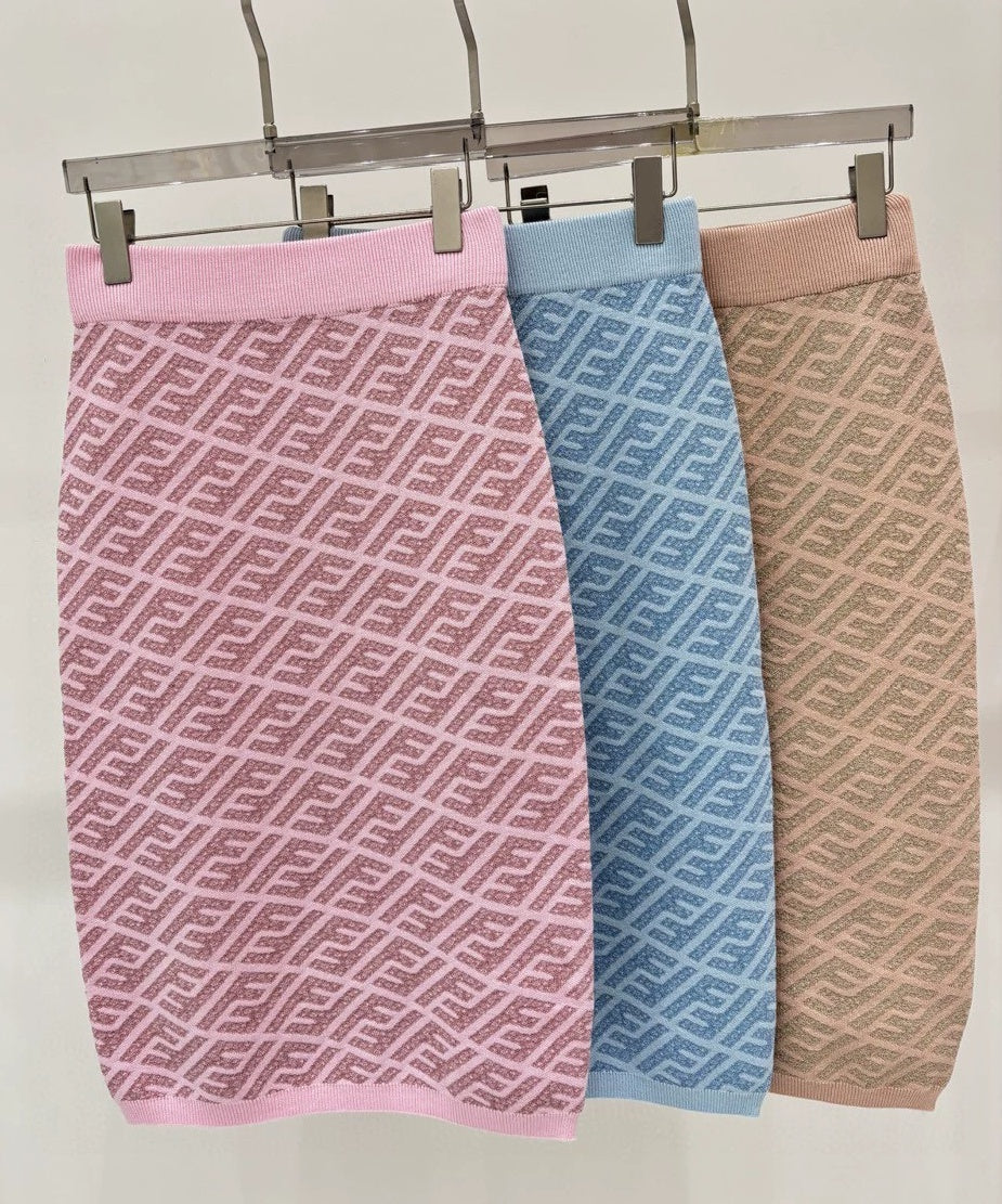 F 25 New Gold and silver thread Slanted stripes full print Casual knitted half skirt(pink blue brown)