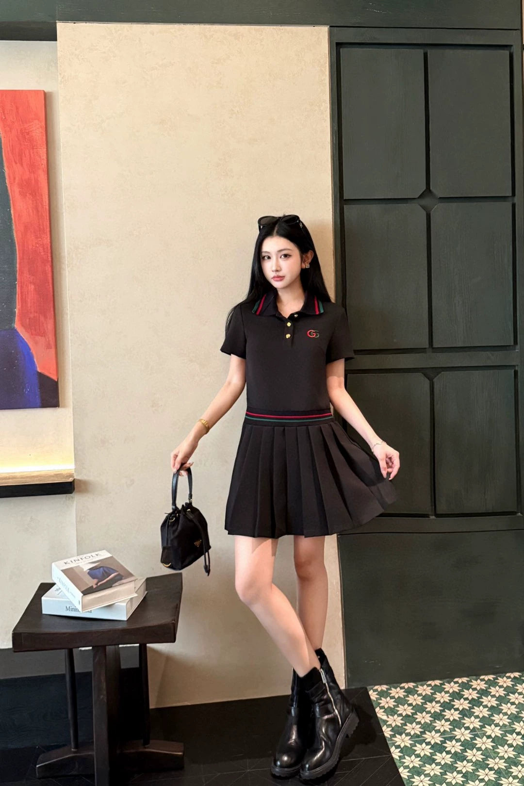 G 25 New Embroidered Letter Striped Button Lapel Short Sleeve Pleated Dresses