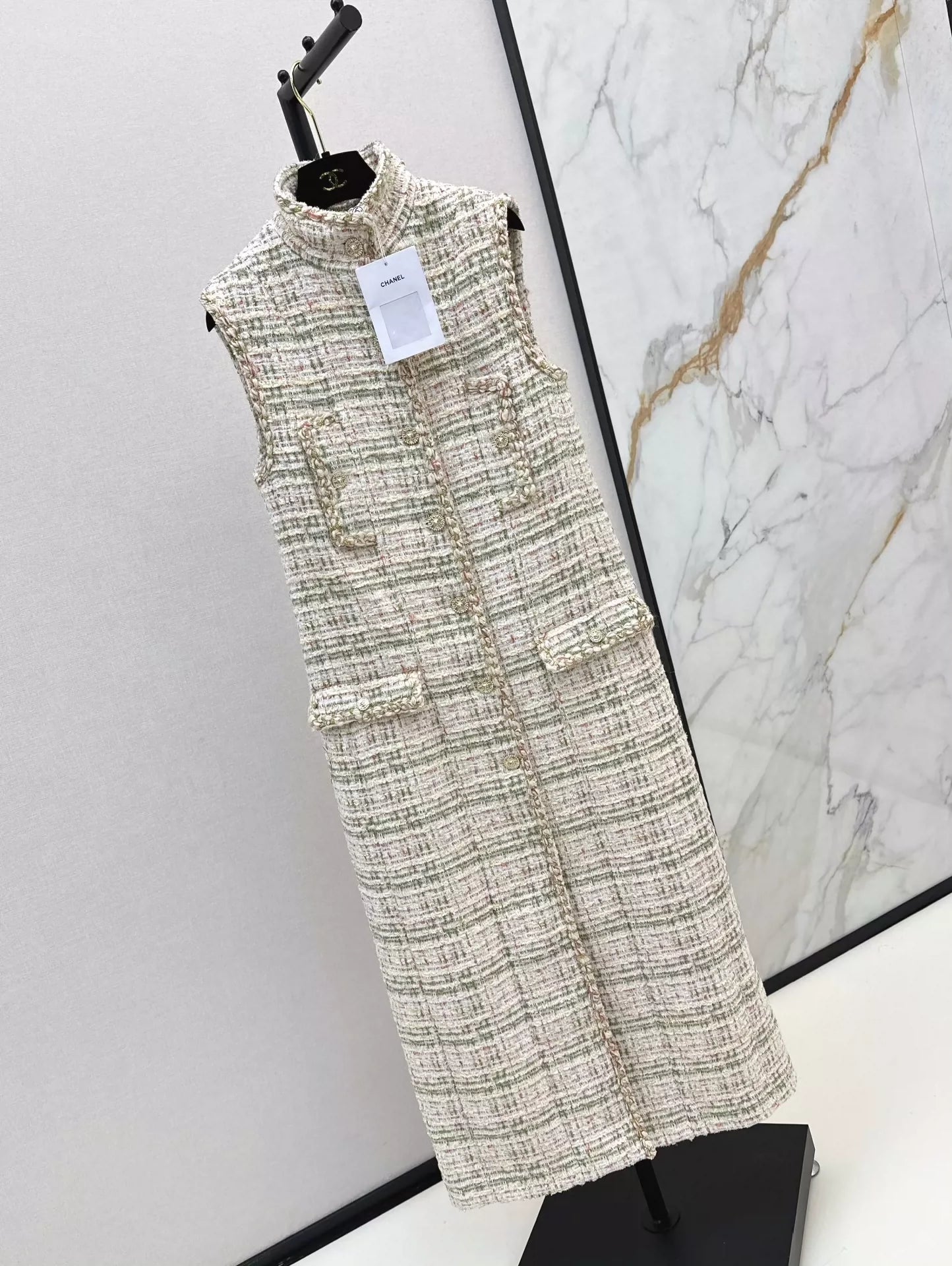 C 25fw Woven long tweed vest dress