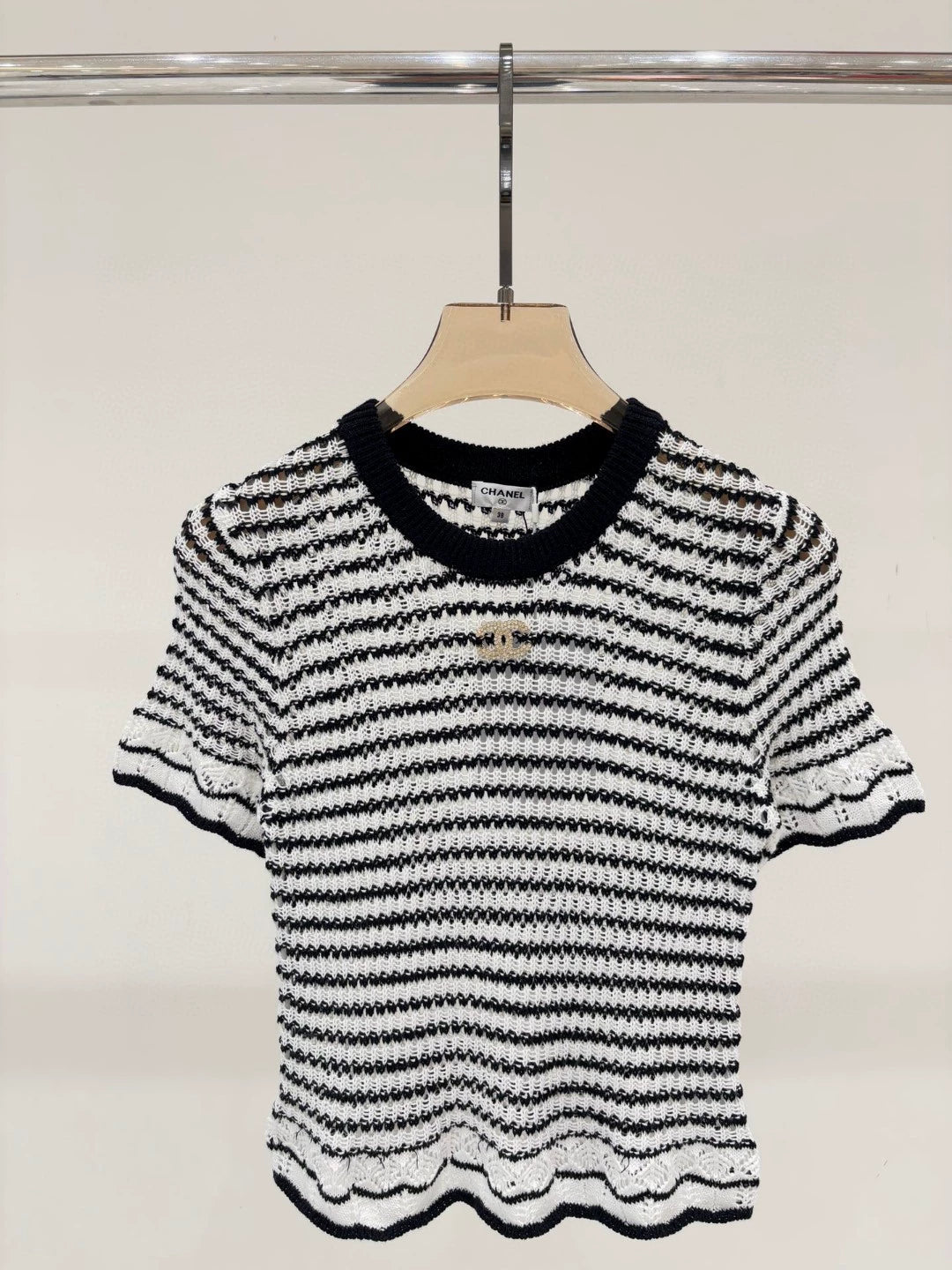 C 25 Summer New Round Neck Letter Logo Diamonds Logo Hollow Out Casual Knit Short Sleeve