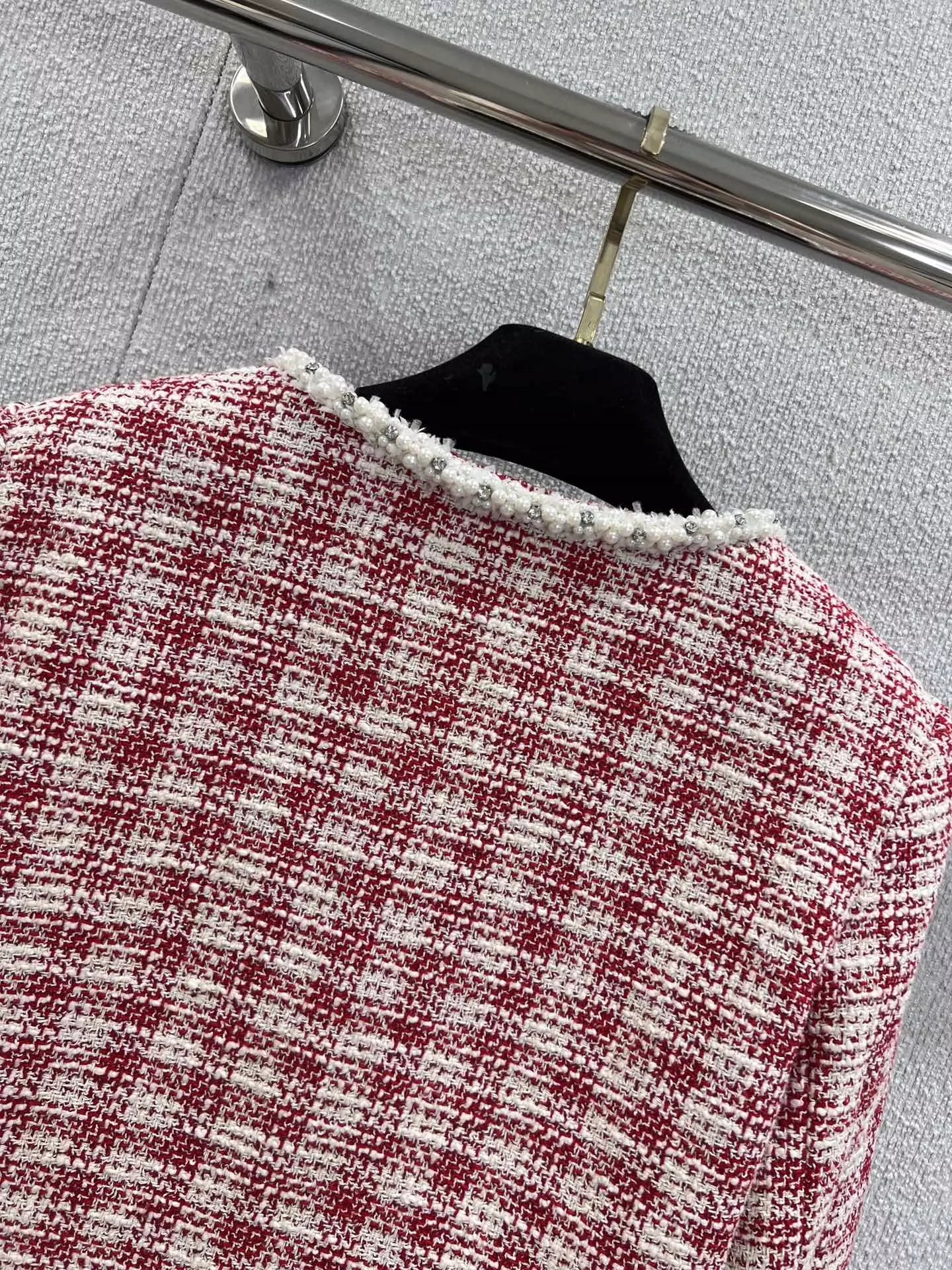 C 25 Red and white checked tweed jacket with beaded trim