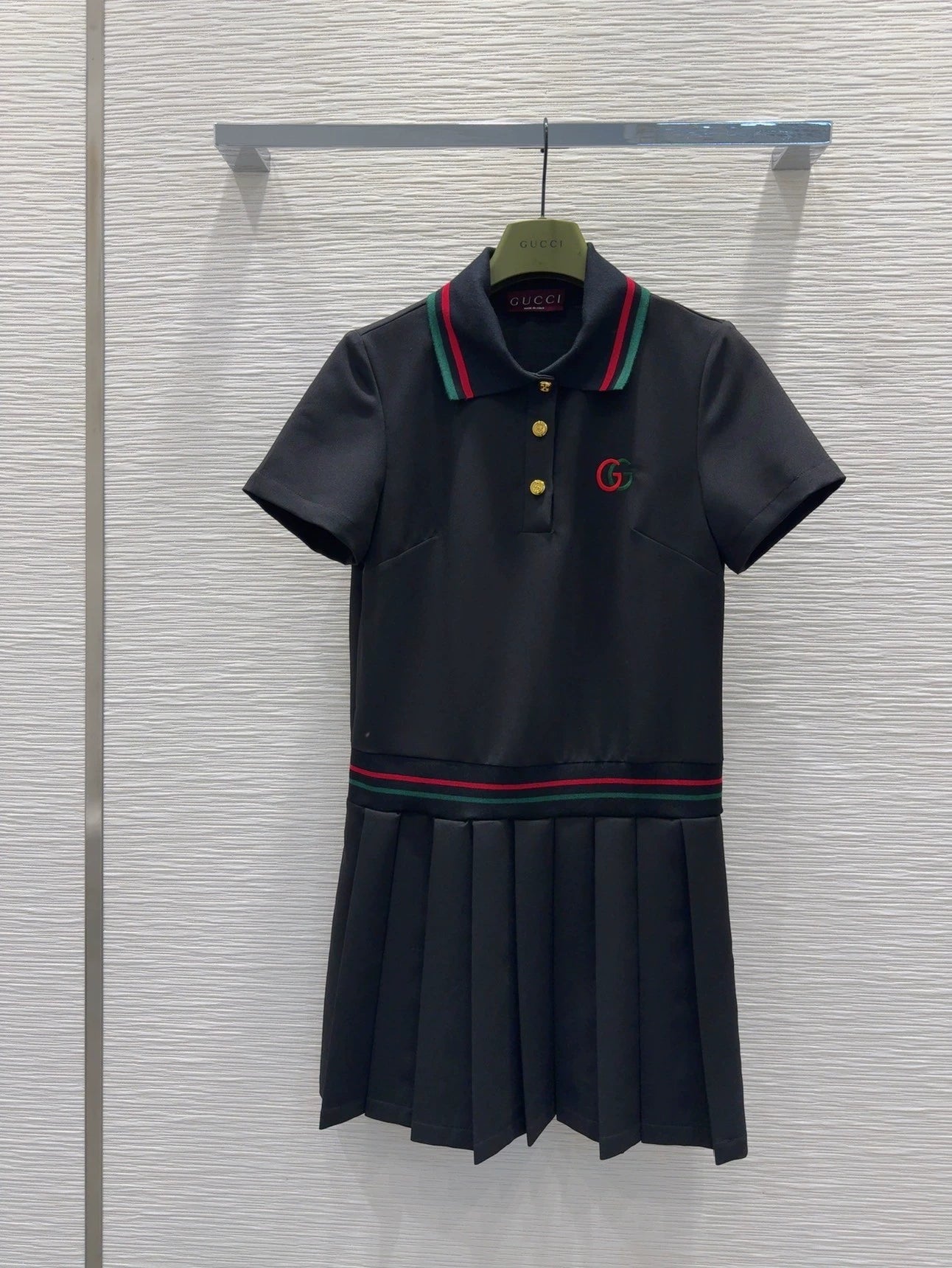 G 25 New Embroidered Letter Striped Button Lapel Short Sleeve Pleated Dresses