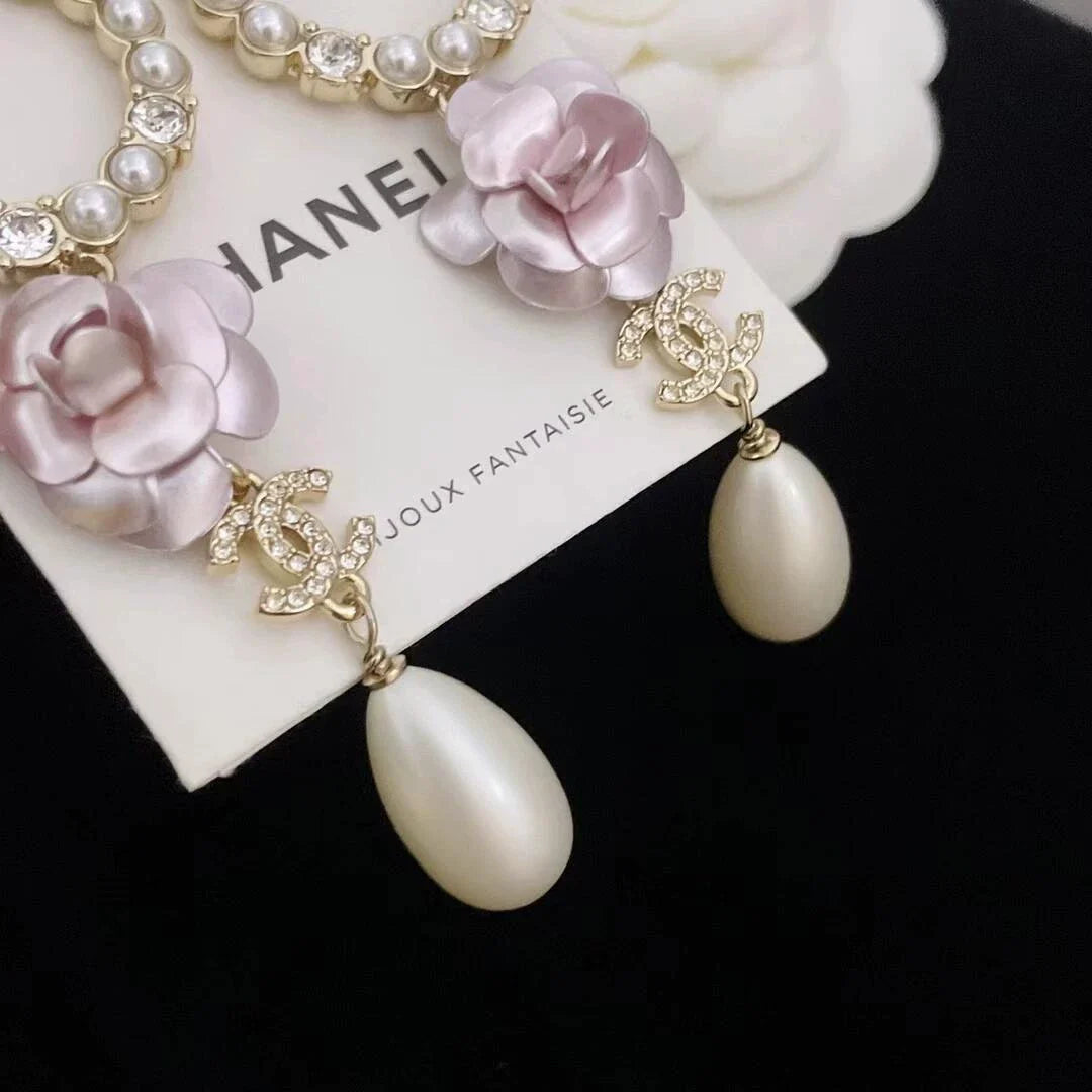 25 Summer new camellia pearl tassel versatile earrings